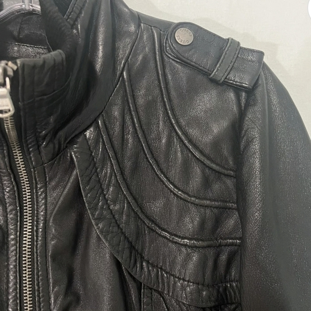 Vintage Y2K Guess Leather Bomber Jacket Sz. Large Black Butter Soft Leather - Picture 4 of 8